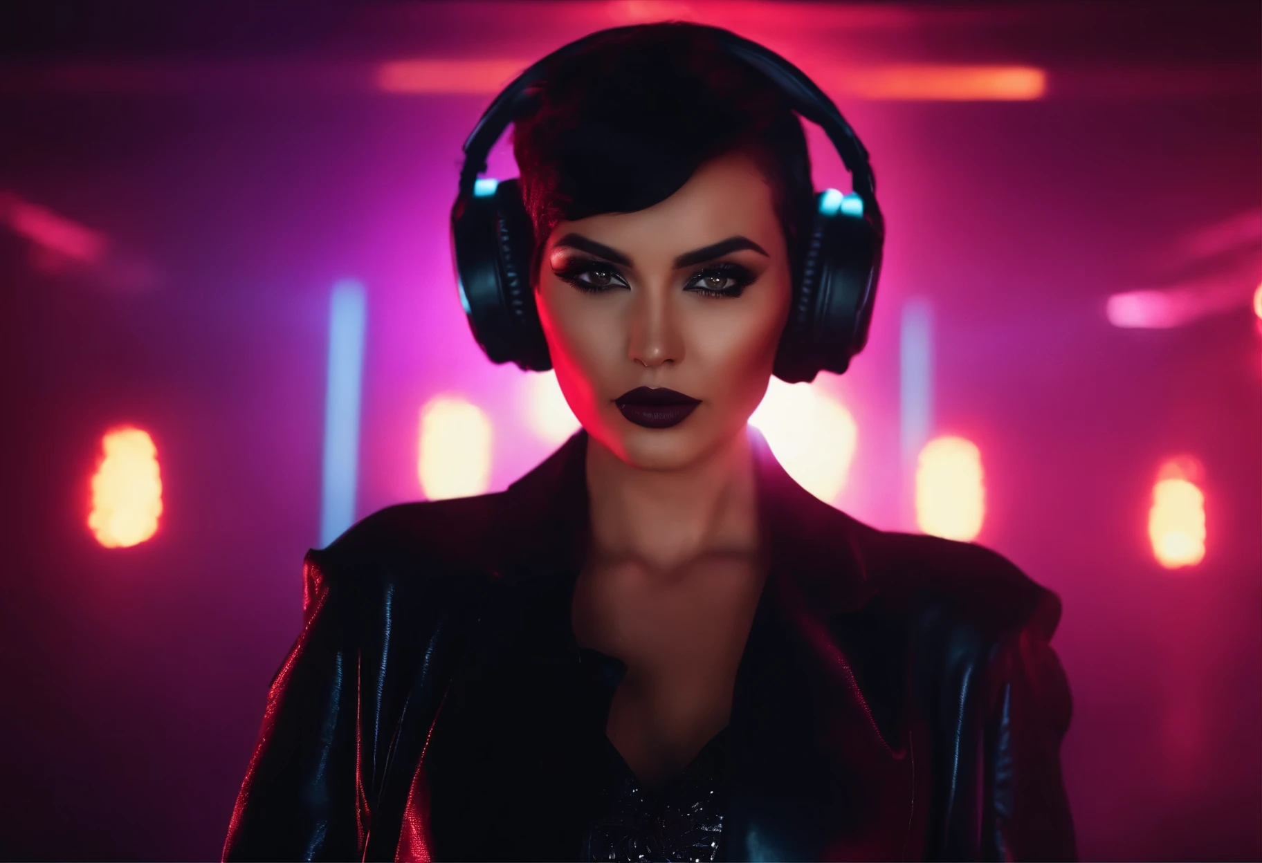 a woman DJ with short dark hair, wearing all black, standing in a dark club with flashing lights, extremely detailed, photorealistic, 8k, high resolution, masterpiece, dramatic lighting, moody atmosphere, neon lights, smoke, intense energy, powerful expression, confident pose, dynamic composition