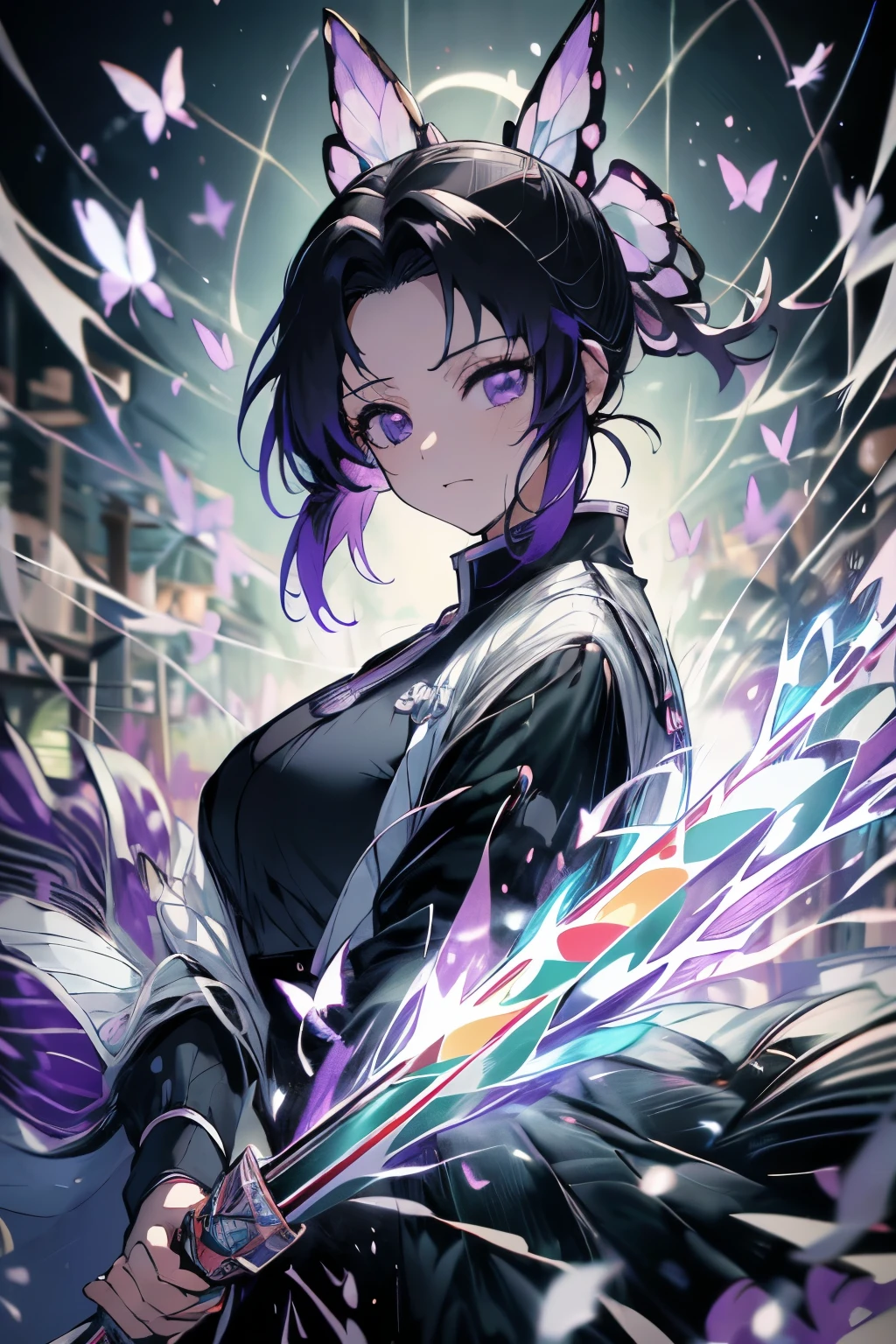 anime, Demon slayer, Shinobu Kocho, Black hair with purple tips, Purple Eyes, Black clothes, Black trousers, Wearing white clothes, night, Colorful neon butterflies flying in the background, Black and purple Japanese sword, (((masterpiece:1.4))), (highest quality:1.4), (Ultra-high resolution:1.4), (best quality:1.2), (ultra detail:1.3), Realistic:1.1