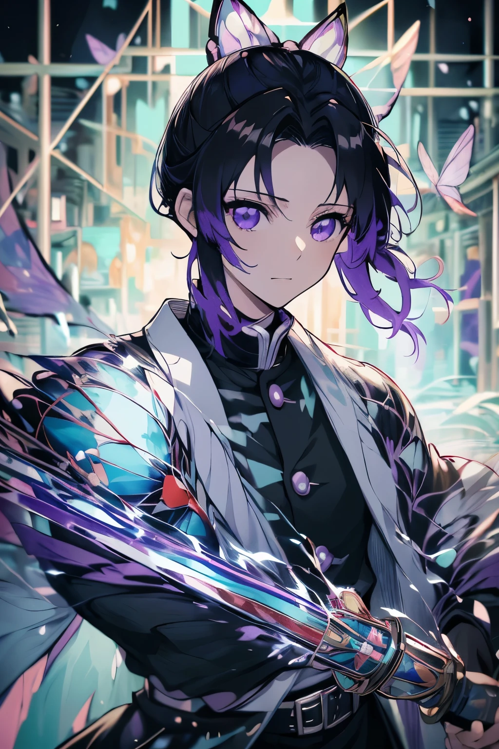 anime, Demon slayer, Shinobu Kocho, Black hair with purple tips, Purple Eyes, Black clothes, Black trousers, Wearing white clothes, night, Colorful neon butterflies flying in the background, Black and purple Japanese sword, (((masterpiece:1.4))), (highest quality:1.4), (Ultra-high resolution:1.4), (best quality:1.2), (ultra detail:1.3), Realistic:1.1