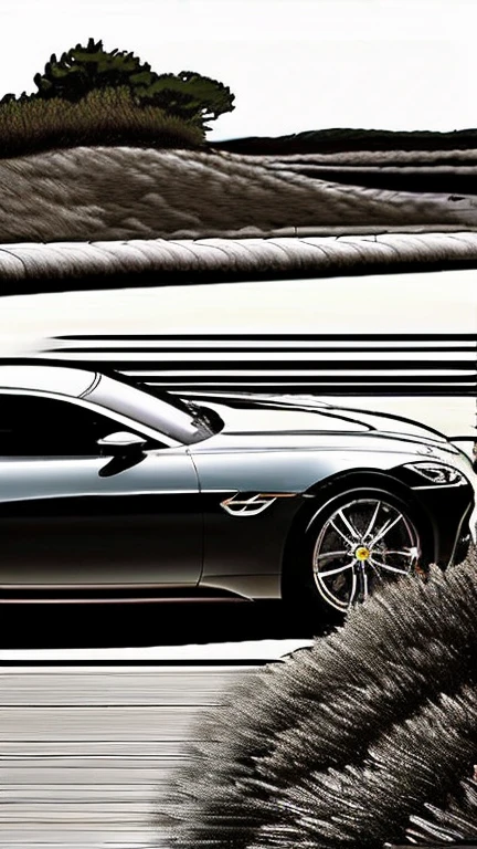 imagine "Illustrate a luxurious sports coupe that exudes sophistication and power. Focus on sculpted curves, aerodynamic elements, and premium finishes like brushed metal and carbon fiber. Picture the car cruising along a scenic coastal highway, with the sun glinting off its polished body." without colors white baground for coloring book