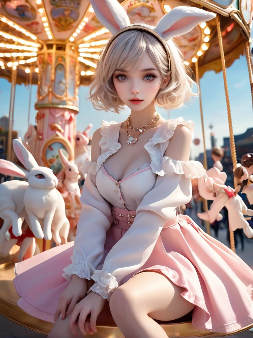  Wide-angle lens, Woman wearing fashionable spring clothes，Woman enjoying carousel at night，emaciated，Serious expression，short hair，Deadly pose，Gorgeous necklace, Light milky porcelain skin, smooth, Crystal clear skin, Enchanting anime girl, Beautiful and attractive anime woman, Super realistic sweet bunny ears girl, Light porcelain white skin, smooth, realistic and perfect figure, Anime Girl Cosplay, Perfect body with realistic shadows