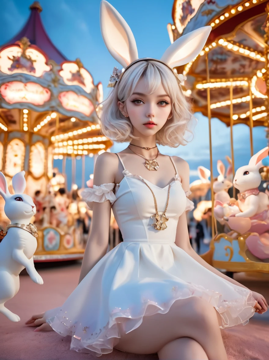  Wide-angle lens, Woman wearing fashionable spring clothes，Woman enjoying carousel at night，emaciated，Serious expression，short hair，Deadly pose，Gorgeous necklace, Light milky porcelain skin, smooth, Crystal clear skin, Enchanting anime girl, Beautiful and attractive anime woman, Super realistic sweet bunny ears girl, Light porcelain white skin, smooth, realistic and perfect figure, Anime Girl Cosplay, Perfect body with realistic shadows