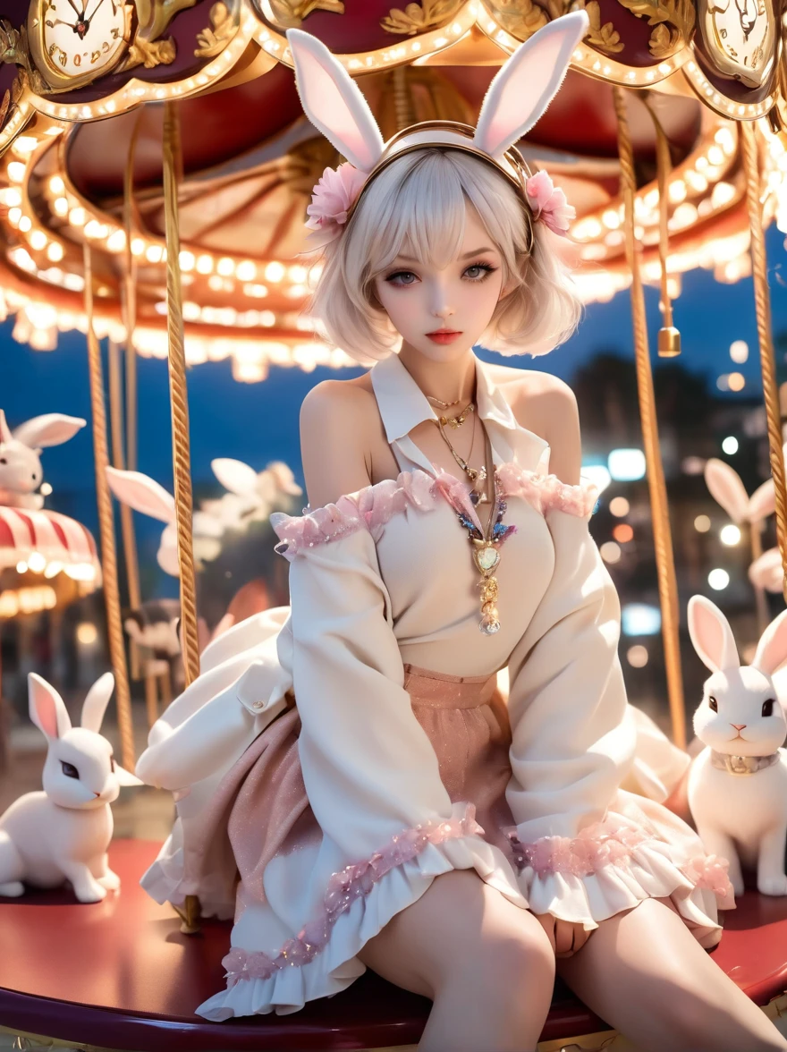  Wide-angle lens, Woman wearing fashionable spring clothes，Woman enjoying carousel at night，emaciated，Serious expression，short hair，Deadly pose，Gorgeous necklace, Light milky porcelain skin, smooth, Crystal clear skin, Enchanting anime girl, Beautiful and attractive anime woman, Super realistic sweet bunny ears girl, Light porcelain white skin, smooth, realistic and perfect figure, Anime Girl Cosplay, Perfect body with realistic shadows