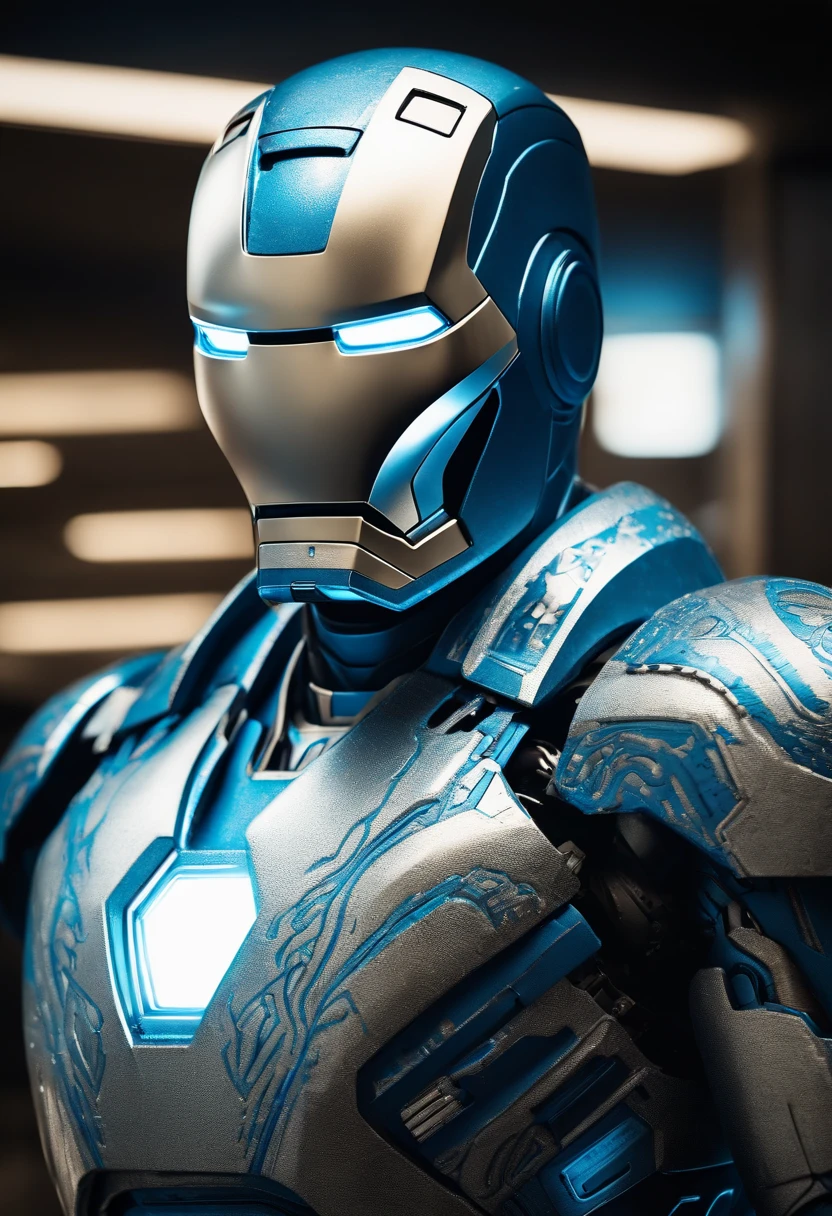 a highly detailed white iron man, beautiful detailed eyes glowing bright blue, intricate metal shell with complex textures and decorations, cinematic dramatic lighting, hyper realistic, 8k, photorealistic, masterpiece, concept art