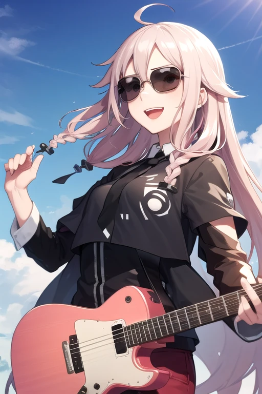 solo, 1girl, vocaloidia, ahoge, twin braids, jacket pink, black tie, sunglasses, red pants, mad face, smile, :d, holding guitar