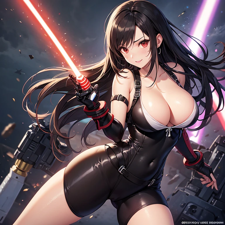 Tifa Lockhart, tight mecha bodysuit, holding 2 lightsabers, very cheeky photogenic style