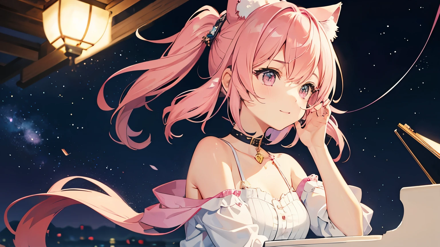 picture a scene of a girl playing the piano with stars in the sky. Anime, pink hair, cat ears. That's her charm.