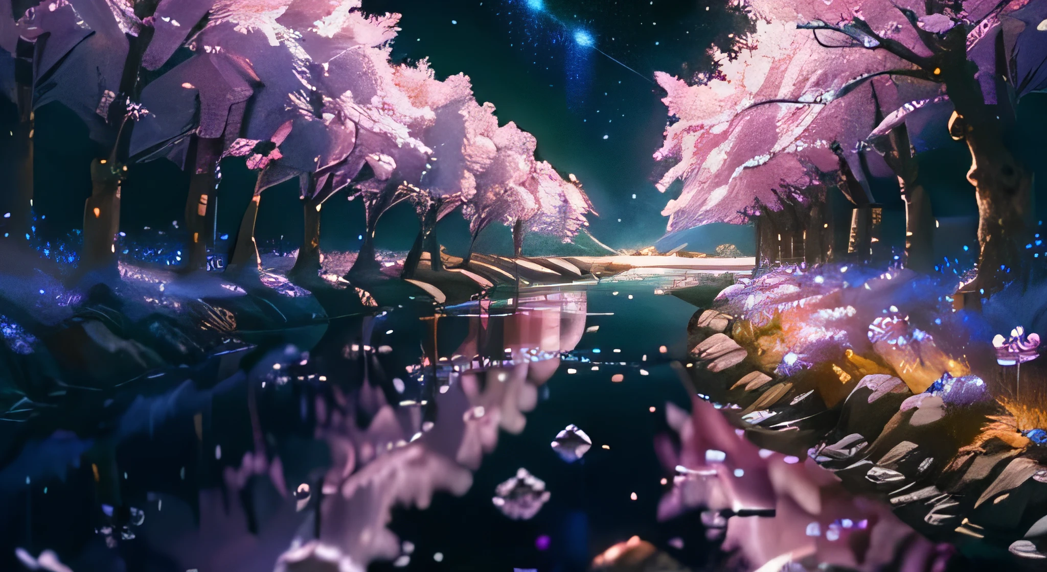 Crystal Spring Blossom、, Fantasy、Milky Way、Cleanliness、, Sparkling、significance、colorful、, Magical Pictures, Dramatic lighting, Photorealism, Ultra-detailed, Depth of written boundary, High resolution, river, There are rows of cherry trees on both sides., 4K