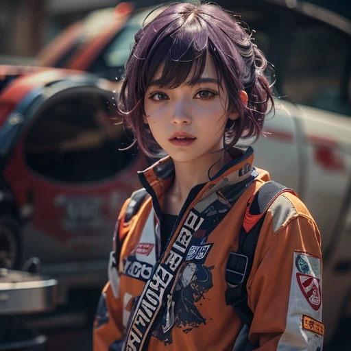 ((Vivid Photo Results & Detailed face)) (((Fabric Shading))), (((highest quality))), (((masterpiece))), (((Ultra-realistic photos))) Movie Scenes, Cinematic, Shooting dramatic shadows with backlighting, Full Body Profile, Cheeky Japanese Girl, Short spiky purple hair, His pale skin and faded, Dirty orange aviator jumpsuit., White Victoria&#39;the secret of`Bra with lace, Shown inside the open zipper, Abdominal ring is visible, Sweaty body, Cool pose with helmet on,Dirty Face & Dusty clothes scattered across the vast desert, In front of an X-wing fighter, 8K High Resolution