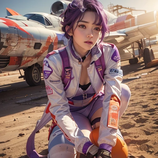 ((Vivid Photo Results & Detailed face)) (((Fabric Shading))), (((highest quality))), (((masterpiece))), (((Ultra-realistic photos))) Movie Scenes, Cinematic, Shooting dramatic shadows with backlighting, Full Body Profile, Cheeky Japanese Girl, Short spiky purple hair, His pale skin and faded, Dirty orange aviator jumpsuit., White Victoria&#39;the secret of`Bra with lace, Shown inside the open zipper, Abdominal ring is visible, Sweaty body, Cool pose with helmet on,Dirty Face & Dusty clothes scattered across the vast desert, In front of an X-wing fighter, 8K High Resolution