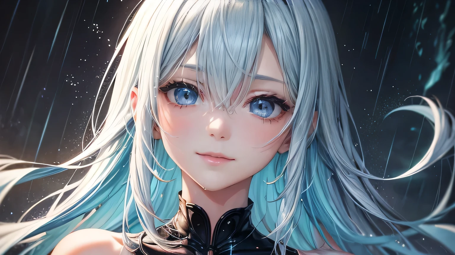 A gentle smile、woman、Beautiful long light blue hair,Fashionable hairstyle,Stylish cute clothes,Ripped jeans,Clothes that are wet from the rain and slightly transparent,Wet Hair,rain,Weather,Ultra-high resolution, Accurate, Super detailed, Textured skin, High detail, highest quality, 8k, Detailed Hair,Detailed eyes,Focus on the face,Depict the figure from the waist up,