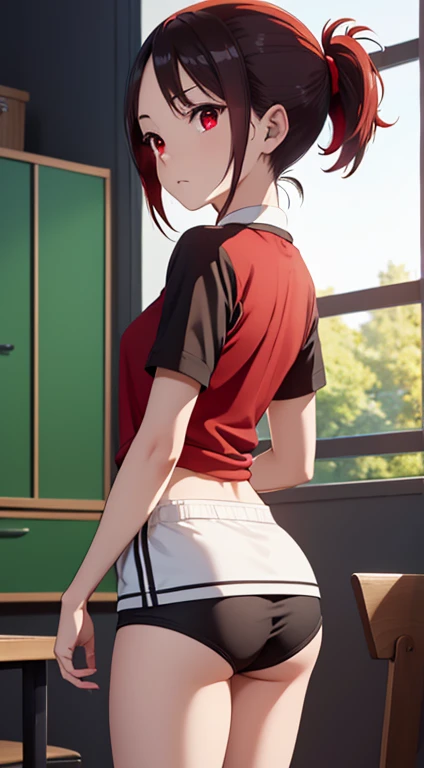 Kaguyasinomiya, Kaguya Shinomiya, folded ponytail, forehead, hair ribbon, (red eyes:1.5), red ribbon, band, Short hair, side locks, (little chest:1.2), gym uniform, Short top, legging, BREAK looks at the viewer, stands with your back to the viewer, seen from behind, ass, shows the, BREAKTHROUGH in the room, Classroom, BREAK (Masterpiece:1.2), Best Quality, High Resolution, Unity 8k Wallpaper, (illustartion:0.8), (beautiful detail eyes:1.6), extremely detailed face, perfect lighting, extremely detailed CGI, (perfect arms, perfect anatomy),