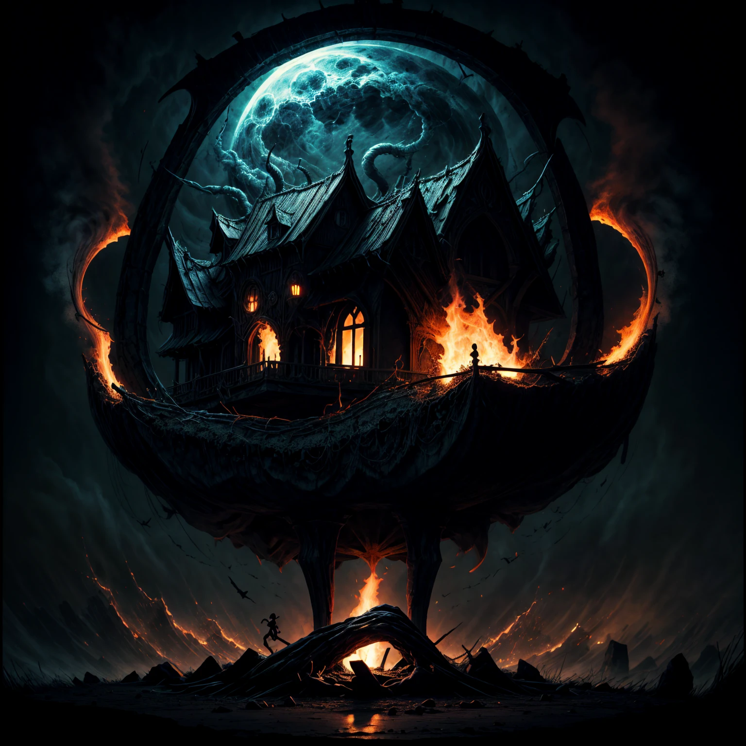 death scythe with flame, Goddess of death, Dark complex background, grim Reaper, fiery aura, ethereal presence, ominous shadows, exciting atmosphere, creepy beauty, swirling smoke, Menacing silhouette, glowing embers, mystical and foreboding, eerie glow of moonlight, predicting doom, spectral figures, Chilling winds, Otherworldly realm.