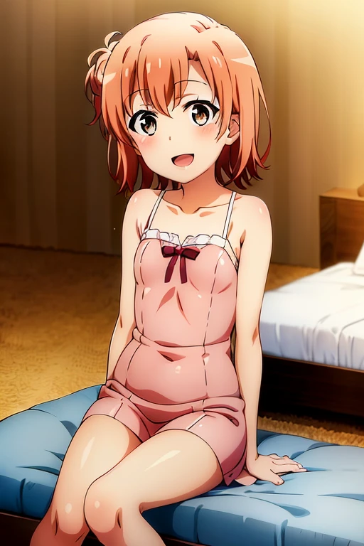 ((highest quality)), ((masterpiece)), (be familiar with), Perfect Face, indoor, Bedroom, Watching the audience,
One woman, Yuigahama Yui,
Open Mouth, Ecstatic expression, blush, smile,
Small breasts, Flat Chest, Young Girl, , , Girl,
Short Hair, Salmon-colored hair, Salmon-colored eyes, Side Pony,
Leg spread,