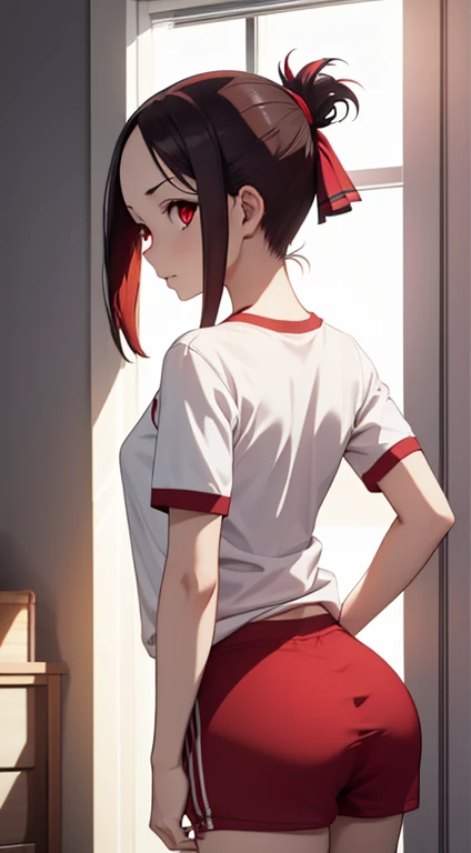 Kaguyasinomiya, Kaguya Shinomiya, folded ponytail, forehead, hair ribbon, (red eyes:1.5), red ribbon, band, Short hair, side locks, (little chest:1.2), gym uniform, Short top, legging, BREAK looks at the viewer, stands with your back to the viewer, seen from behind, ass, big ass, shows the, BREAKTHROUGH in the room, Classroom, BREAK (Masterpiece:1.2), Best Quality, High Resolution, Unity 8k Wallpaper, (illustartion:0.8), (beautiful detail eyes:1.6), extremely detailed face, perfect lighting, extremely detailed CGI, (perfect arms, perfect anatomy),