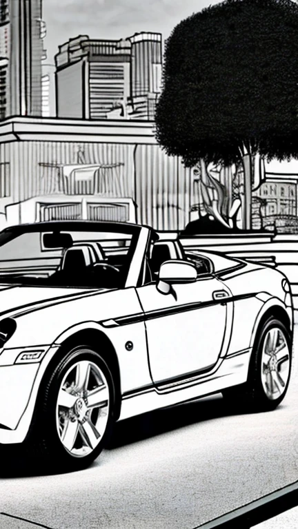 imagine "Design a convertible roadster inspired by high-fashion couture and runway trends. Incorporate bold colors, dramatic lines, and avant-garde details like oversized wheels and sleek headlights. Set the scene at a glamorous fashion show, with paparazzi capturing the car's every angle. without color and without baground for coloring book"