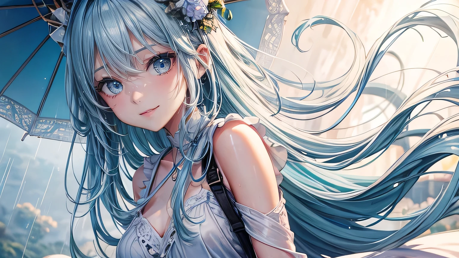 A gentle smile、woman、Beautiful long light blue hair,Fashionable hairstyle,Stylish and cute white clothes,Ripped jeans,Clothes that are wet from the rain and slightly transparent,Wet Hair,rain,Weather,Ultra-high resolution, Accurate, Super detailed, Textured skin, High detail, highest quality, 8k, Detailed Hair,Detailed eyes,Focus on the face,Depict the figure from the waist up,