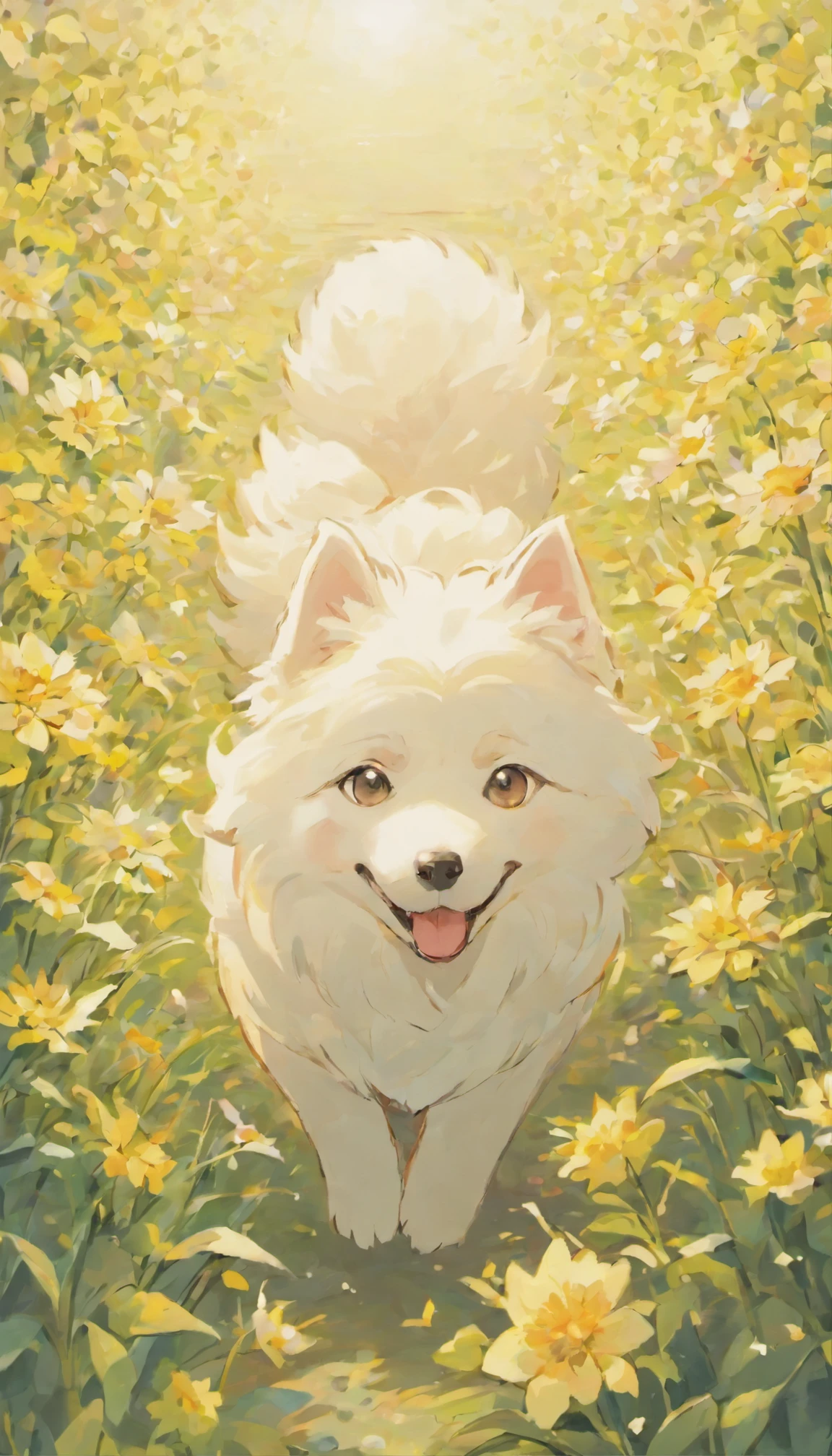 one dog, Samoyed dog, 鮮やかなspringの花, Smell, spring, Flower Field, springの訪れ