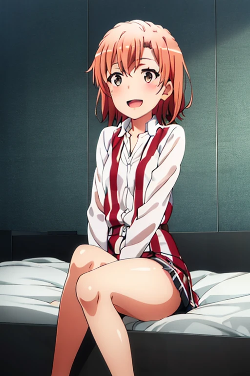 ((highest quality)), ((masterpiece)), (be familiar with), Perfect Face, indoor, Bedroom, Watching the audience,
One woman, Yuigahama Yui,
Open Mouth, Ecstatic expression, blush, smile,
Small breasts, Flat Chest, Young Girl, , , Girl,
Short Hair, Salmon-colored hair, Salmon-colored eyes, Side Pony,
Leg spread,