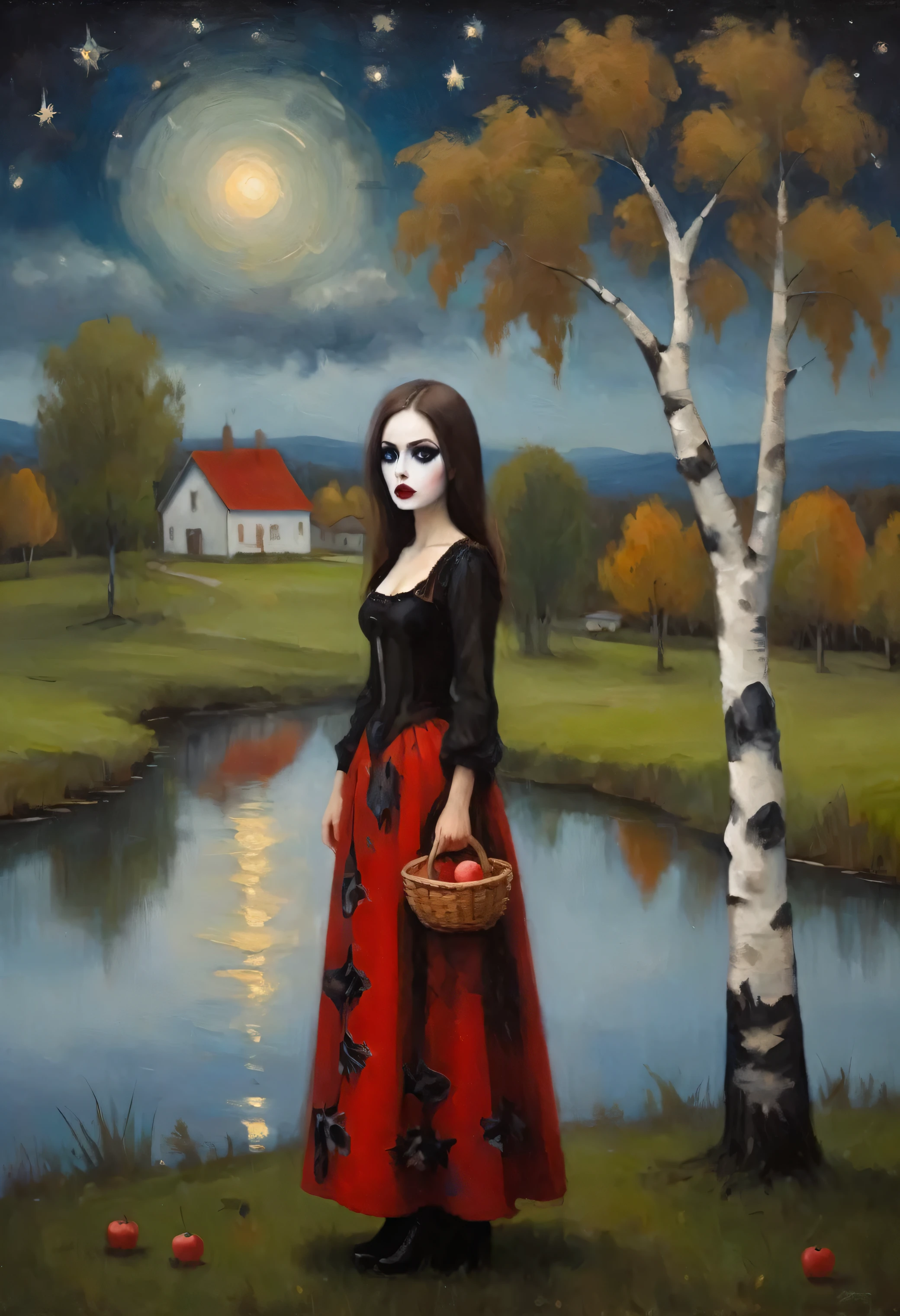 ((George-Condo style)) (Cute young attractive girl, Strong Gothic Makeup) a village by the lake and a white birch forest and an apple orchard, a starry night, ((George-Condo style!!!)), Gloomy foggy atmosphere, surrealism, The absurdity of cuteness, attractiveness and rejection of extraordinary appearance, magic naive art, primitivism, protogen, , ((best quality, Masterpiece)), ((Highest detail)), RAW:1,1, 8k