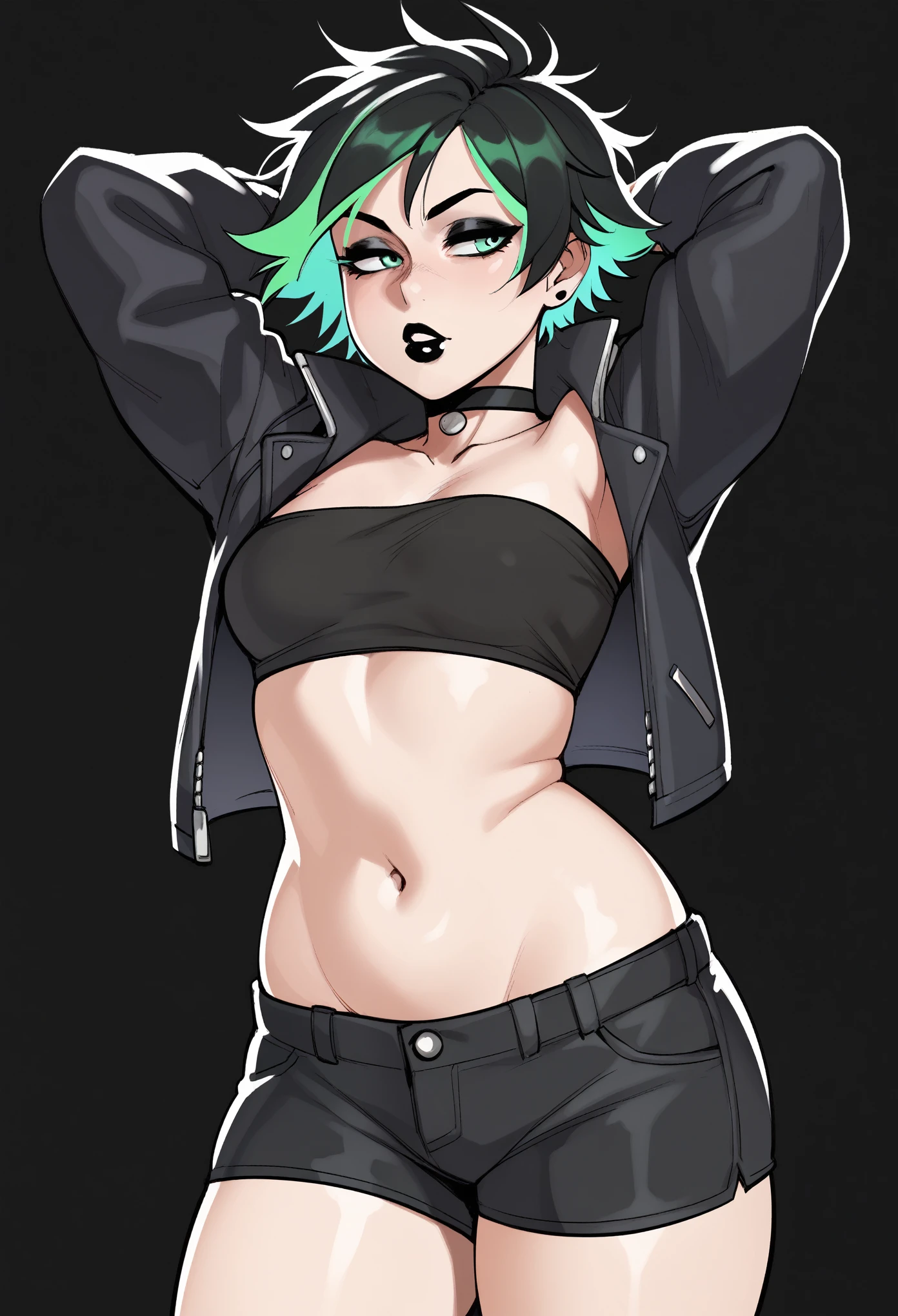 score_9, score_8_up, score_7_up, score_6_up, score_5_up, score_4_up, rating_safe, BREAK girl with black hair, short hair, messy hair, tomboy, neon green eyes, black eyeshadow, multicolored hair, neon green hair, black lips, looking away, adult, mature, BREAK solo, standing, skinny, black tube top, black punk jacket, black choker, small breasts, strapless, stomach, black shorts, arms behind head, BREAK black background, simple background
