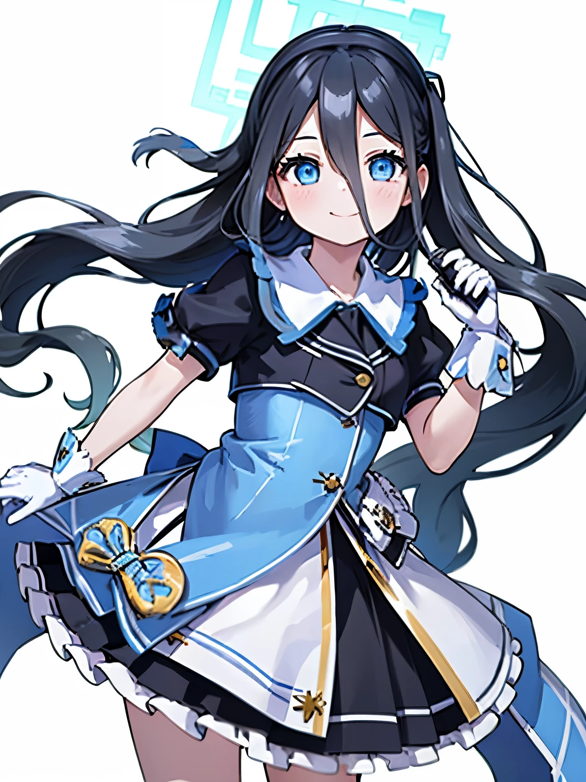 Masterpiece, hd, realistic, Alice, black hair, blue eyes, long hair, wear idol dress, blue and white color idol dress, short sleeves, frilled dress, standing, simple background, white background, smile, nendoroid