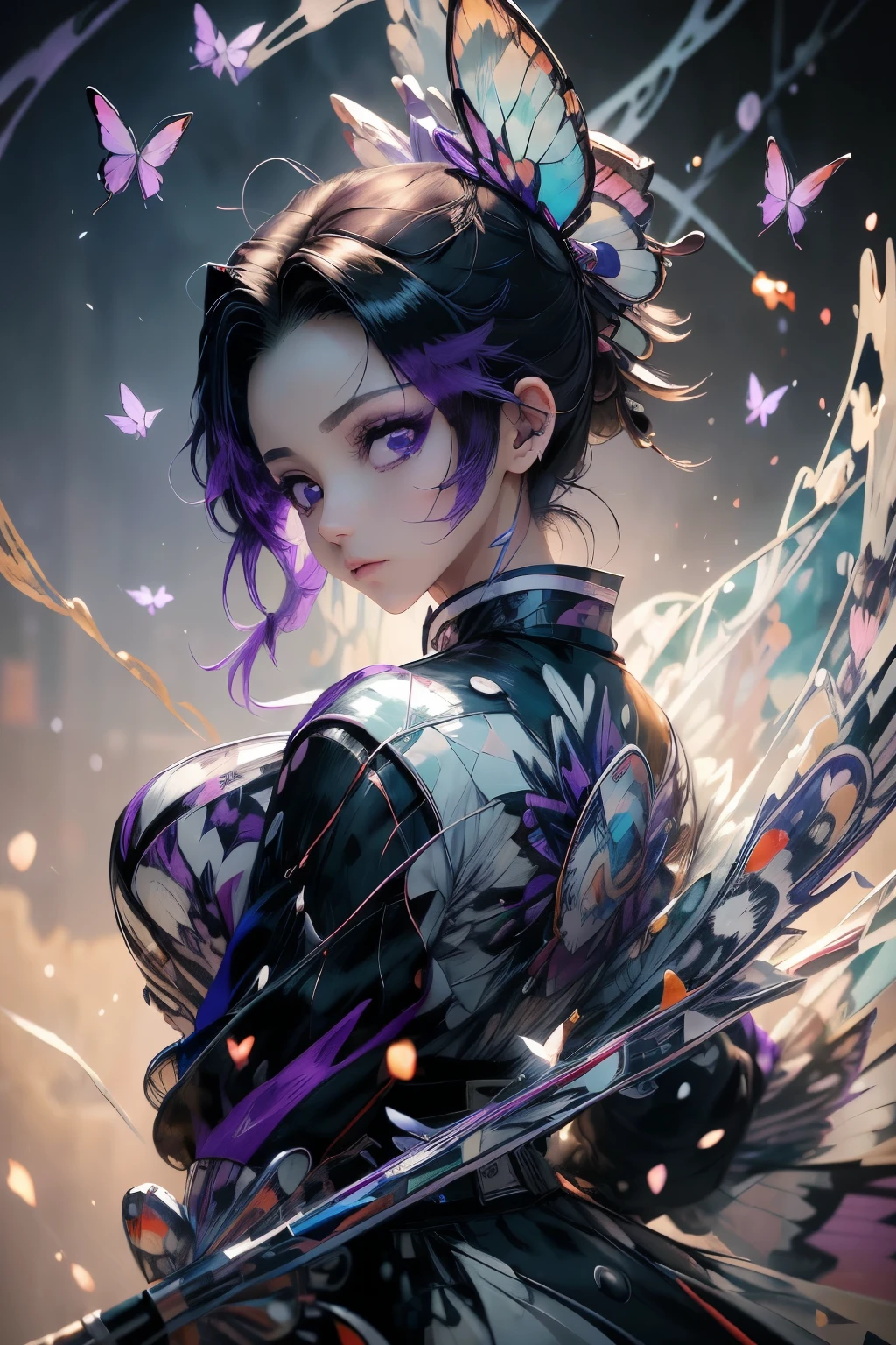 anime, Demon slayer, Shinobu Kocho, Black hair with purple tips, Purple Eyes, Black clothes, Black trousers, Wearing white clothes, night, Colorful neon butterflies flying in the background, Black and purple Japanese sword, (((masterpiece:1.4))), (highest quality:1.4), (Ultra-high resolution:1.4), (best quality:1.2), (ultra detail:1.3), Realistic:1.1