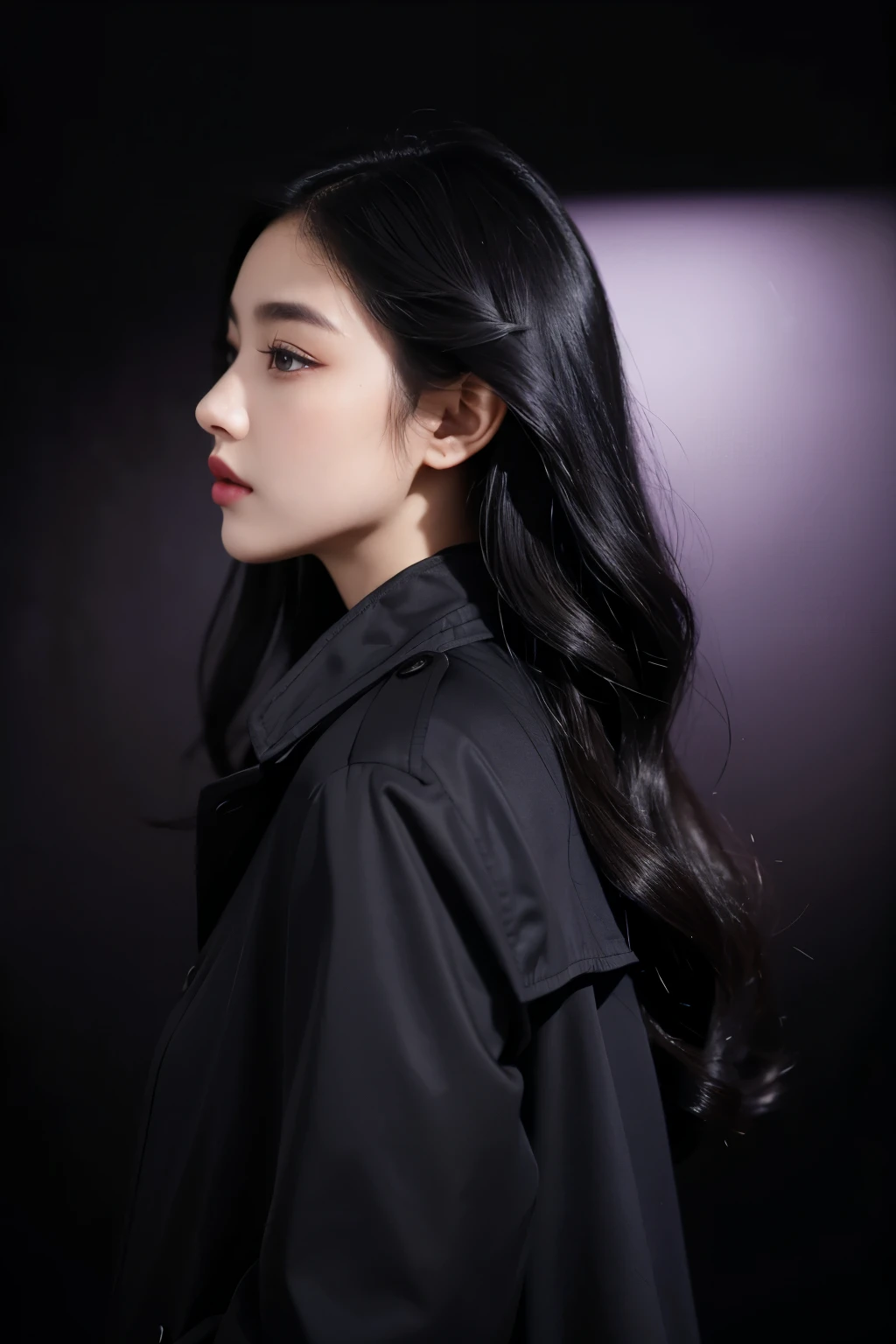 artistic photos:Young women,Cool。Black Hair,Long wavy hair,Profile,A casual glance towards the camera。Half-covered dark purple trench coat,Pure black dress。black background
