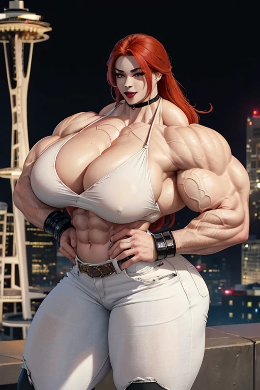 ((((Massive, beautiful, buff, pale white skinned, muscular asian woman with red hair, black lipstick, ginormous bulky muscles and wearing a beautiful white unbuttoned blouse with white denim pants)))), (close view), massive muscles, massive biceps, hyper muscle triceps, (long hair), white denim pants, (chain belt), yellow eyes, (chained gauntlets), high heels boots, (on top of the Seattle space needle), night, smug smirk, hyper muscles arms, hyper muscle legs, massive arms.