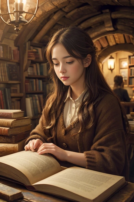 "Realistic painting, ((attractive)) Scene of a girl engrossed in reading, Antique books, cozy hobbit cave, A complicated watch with moving gears, ((nostalgic)), detailed, Warm palette"