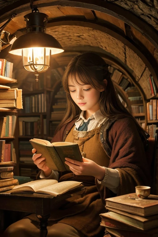 "Realistic painting, ((attractive)) Scene of a girl engrossed in reading, Antique books, cozy hobbit cave, A complicated watch with moving gears, ((nostalgic)), detailed, Warm palette"