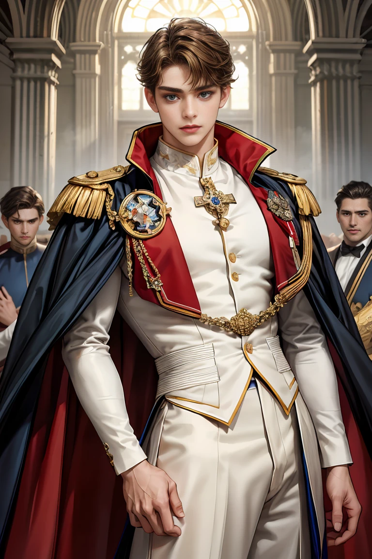 masterpiece, 最high quality, high quality, 1 boy, alone, Male focus, Watching the audience, Messy brown hair, Adorable big blue eyes, White, Noble, Noble, Beautiful Bomber Cape、A very voluminous, large, very large, very large, long, long red and black cape with a high stand-up collar, made of a lot of fabric that reaches down to the floor., ,Cute beautiful boys,Cute, cute, kind, handsome guy