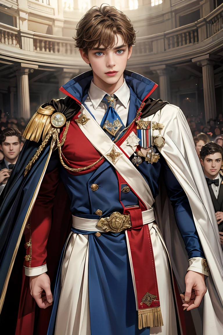 
masterpiece, 最high quality, high quality, 1 boy, alone, Male focus, Watching the audience,  Messy brown hair, Adorable big blue eyes, White, Noble, Noble, Beautiful Bomber Cape、A very voluminous, large, very large, very large, long, long red and black cape with a high stand-up collar, made of a lot of fabric that reaches down to the floor., 17 years old,Cute beautiful boys,Cute, cute, kind, handsome guy