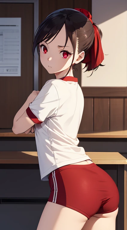 Kaguyasinomiya, Kaguya Shinomiya, folded ponytail, forehead, hair ribbon, (red eyes:1.5), red ribbon, band, Short hair, side locks, (little chest:1.2), gym uniform, Short top, legging, BREAK looks at the viewer, stands with your back to the viewer, seen from behind, ass, big ass, shows the, BREAKTHROUGH in the room, Classroom, BREAK (Masterpiece:1.2), Best Quality, High Resolution, Unity 8k Wallpaper, (illustartion:0.8), (beautiful detail eyes:1.6), extremely detailed face, perfect lighting, extremely detailed CGI, (perfect arms, perfect anatomy),
