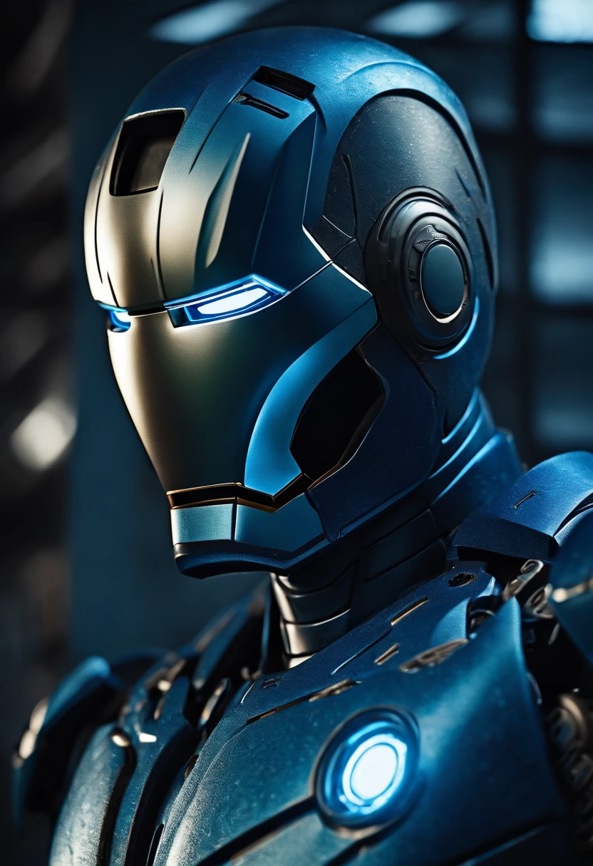 a highly detailed blue iron man, beautiful detailed eyes glowing bright blue, intricate metal shell with complex textures and decorations, cinematic dramatic lighting, hyper realist