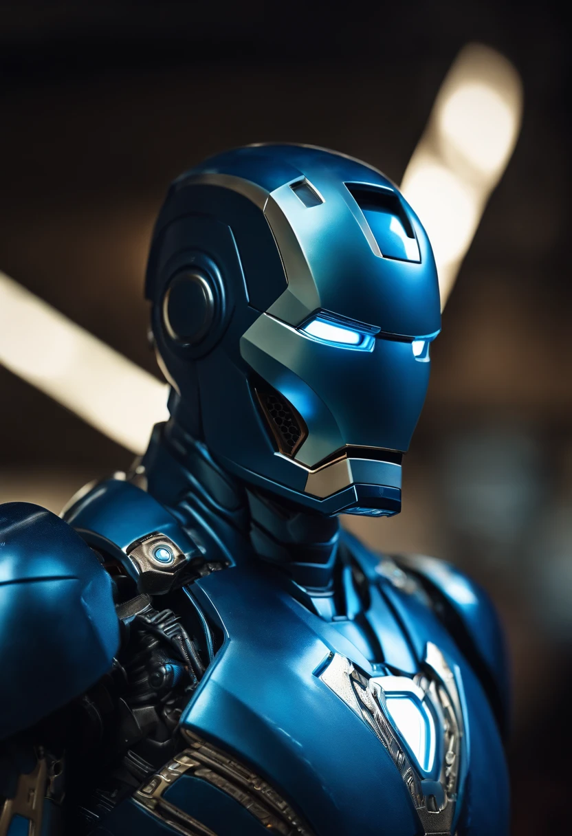 a highly detailed blue iron man, beautiful detailed eyes glowing bright blue, intricate metal shell with complex textures and decorations, cinematic dramatic lighting, hyper realist