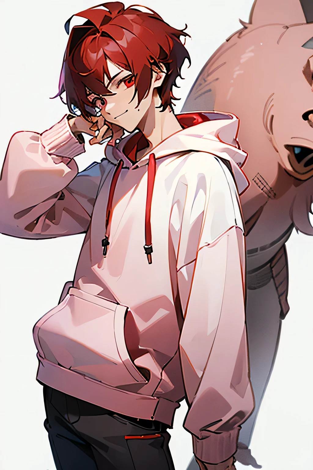 masterpiece , best quality , detailed , 1 male , ( male focus:1.2 ) , brown two block hair , ( red inner hair ) , middle length nape hair , ( wolf hairstyle ) , bangs are even , ( male face:1.3 ) , ( pink hoodie:1.3 ) , black skinny bottoms , sharp nose , cold eye , (( boy eye )) , red eye , eyebrows , happy smile , looking at viewer , slim body , ( facing the front ) , (( cowboy shot:1.3 )) , ( from front ) , ( simple white background:2 ) , standing upright
