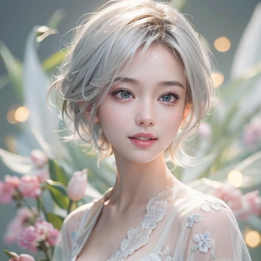 (masterpiece:1.3), (8k, Realistic, RAW Photos, Best image quality: 1.4), Fair-skinned fairy woman、short hair、Cleavage:2.0、Highly detailed face、Attention to detail、double eyelid、Sharp focus:1.2、Beautiful woman:1.4、Silvery white hair、highest quality、masterpiece、Ultra-high resolution、(Realistic:1.4)、Highly detailed and professionally lit smiles、Loose, Light,Japanese high 、 one person、whole body,　I eat breakfast 