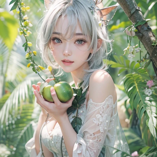 (masterpiece:1.3), (8k, Realistic, RAW Photos, Best image quality: 1.4), Fair-skinned fairy woman、short hair、Cleavage:2.0、Highly detailed face、Attention to detail、double eyelid、Sharp focus:1.2、Beautiful woman:1.4、Silvery white hair、highest quality、masterpiece、Ultra-high resolution、(Realistic:1.4)、Highly detailed and professionally lit smiles、Loose, Light,Japanese high 、 one person、whole body, I eat breakfast