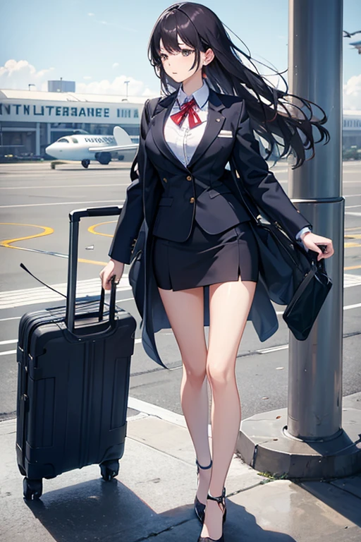 Anime girl leaning on suitcase,Long black hair, Fine details. Girl front, from girls frontline, azur lane style, girls frontline style, Girls Frontline CG, trending on cgstation, Kantai collection style, author:Hosomura Kane, seductive anime girls, the anime girl is crouching, Albedo from Overlord, Smooth anime CG art