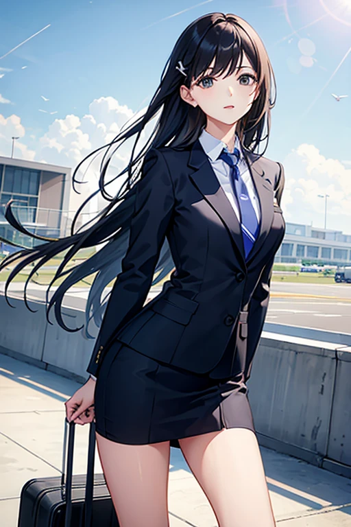 Airport、There is an airplane in the background、woman、Sexy cabin attendant-style uniform、Standing posture、Shoulder-length hair、Beautiful Hair、Hair blowing in the wind、
