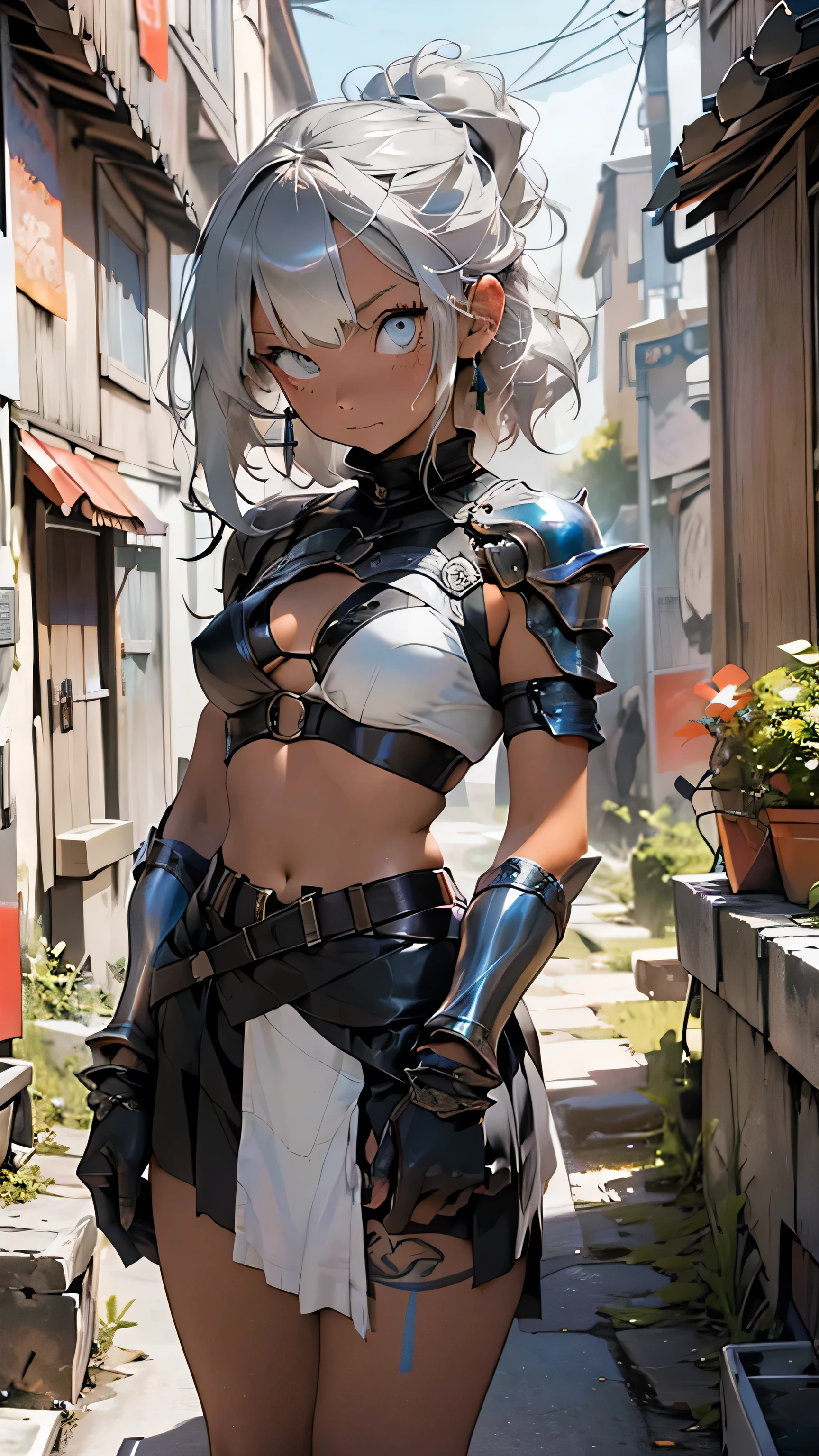 redo this image without all of the random changing colors, make her Celtic tattoos black, her bikini armor (silver and bronze) only, her eyes should both be the same color, and her skin should be a normal lightly tanned skin color, make her face blemish free