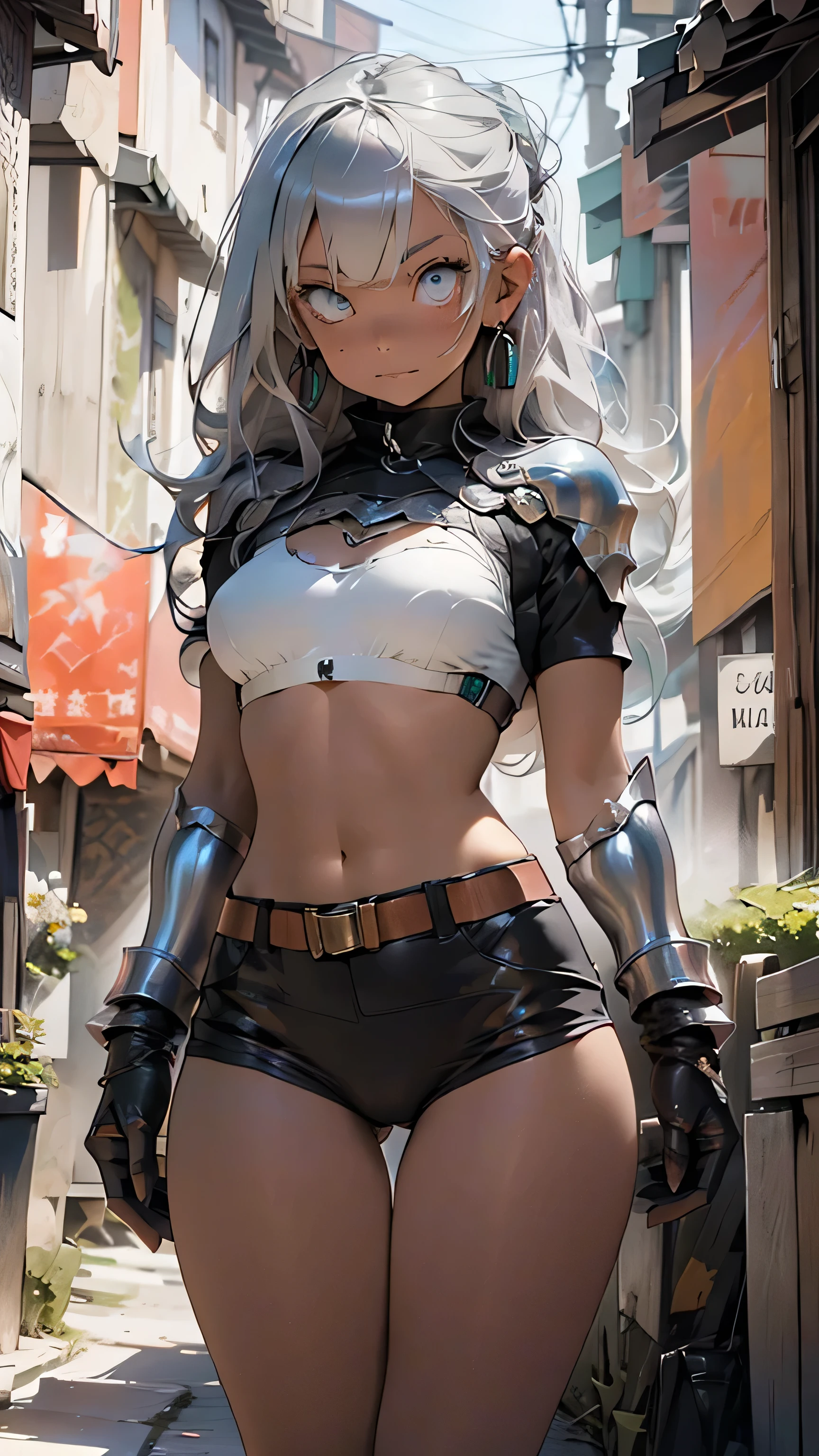 redo this image without all of the random changing colors, make her Celtic tattoos black, her bikini armor (silver and bronze) only, her eyes should both be the same color, and her skin should be a normal lightly tanned skin color, make her face blemish free