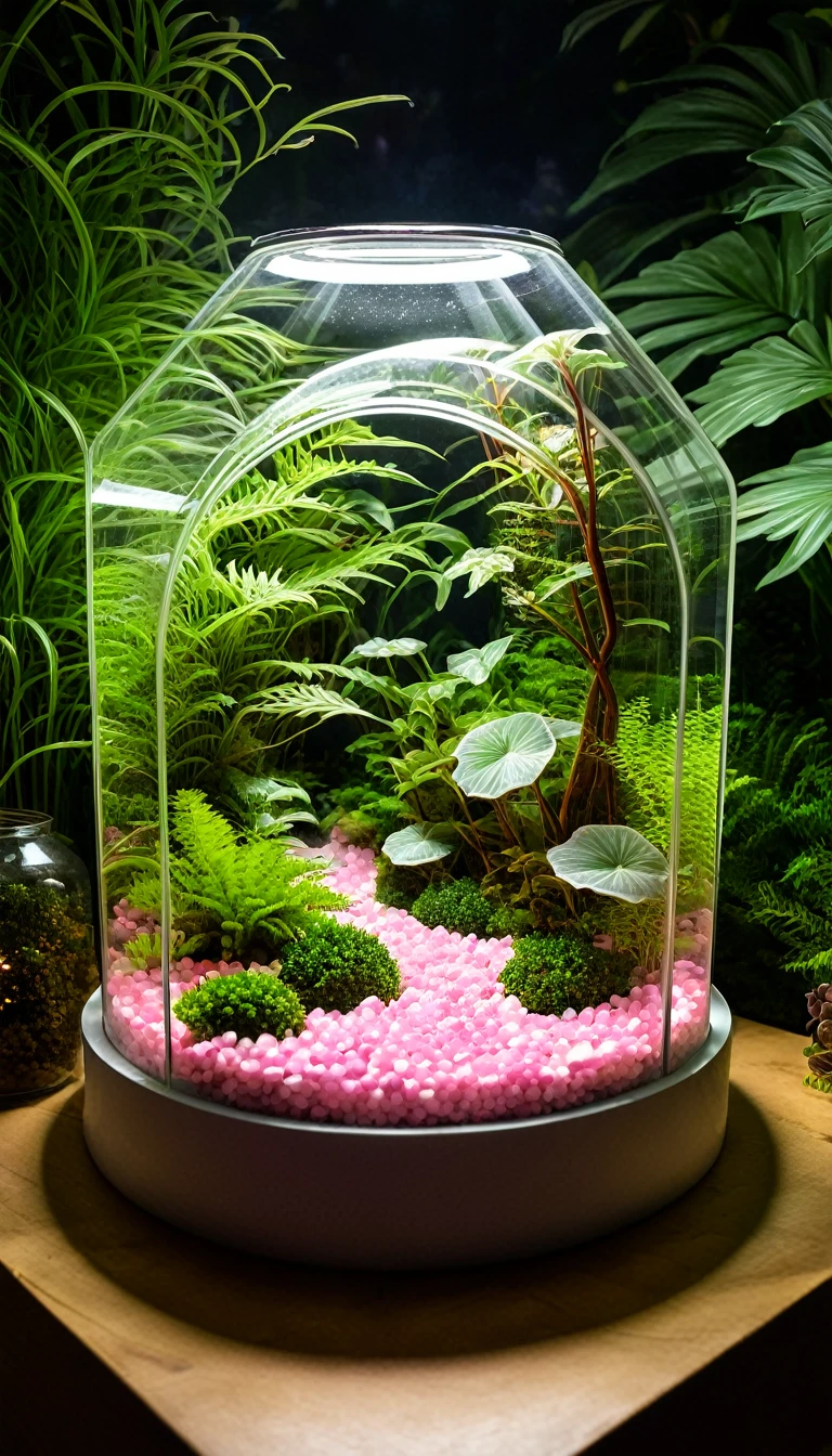 a light forest setting: a geometric terrarium with a mystical looking forest inside. white magic is swirling around the outside the terrarium. there are white/pink crystals