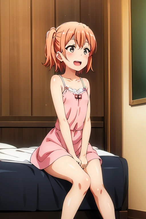 ((highest quality)), ((masterpiece)), (be familiar with), Perfect Face, indoor, Bedroom, Watching the audience,
One woman, Yuigahama Yui,
Open Mouth, Ecstatic expression, blush, smile,
Small breasts, Flat Chest, Young Girl, , , Girl,
Short Hair, Salmon-colored hair, Salmon-colored eyes, Side Pony,
Leg spread,