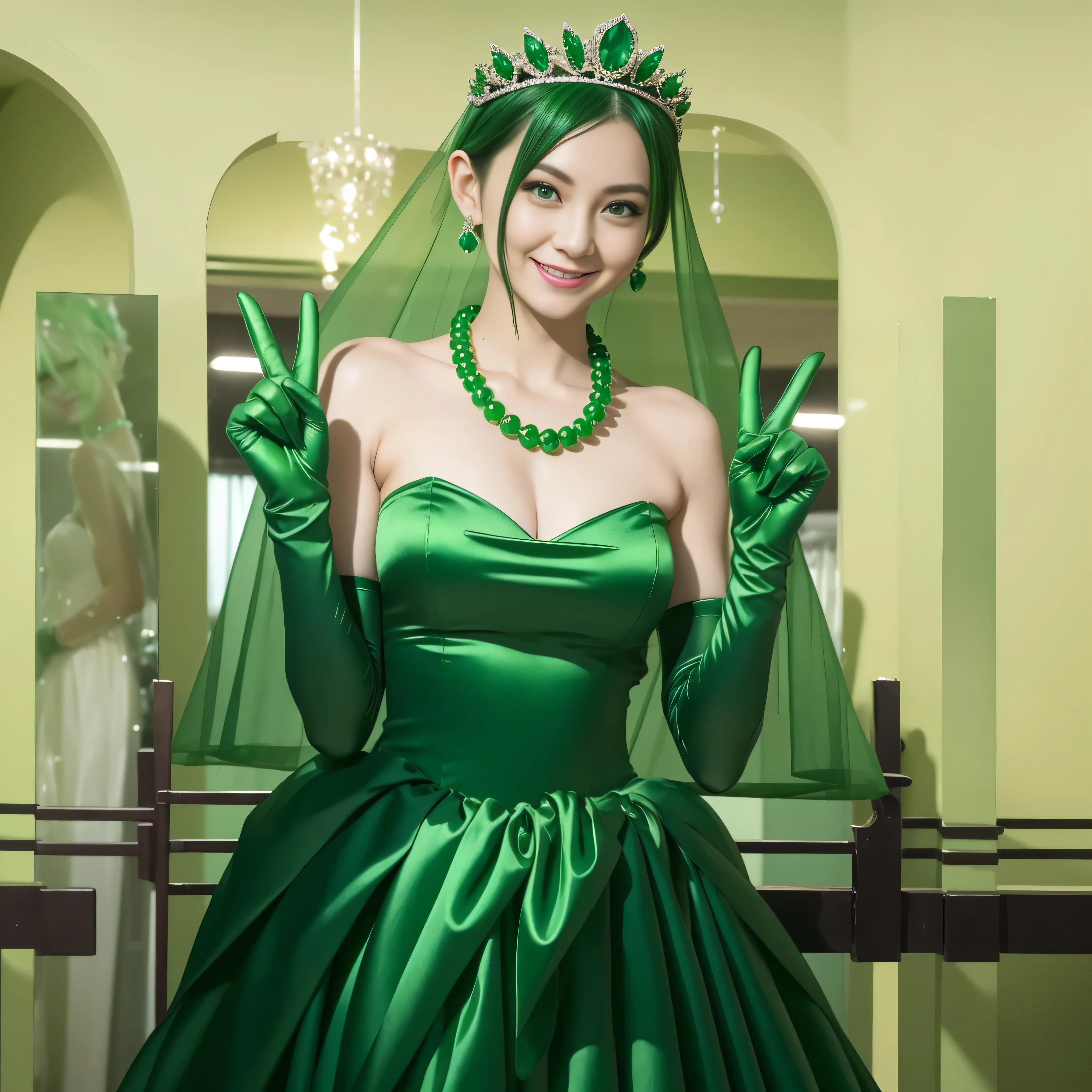 Emerald tiara, Green Pearl Necklace, Boyish very short green hair, lipstick, Smiling Japanese woman, Very short hair, Big and beautiful, Green Eyes, Long green satin gloves, Green Eyes, V sign, Emerald Earrings, Green veil
