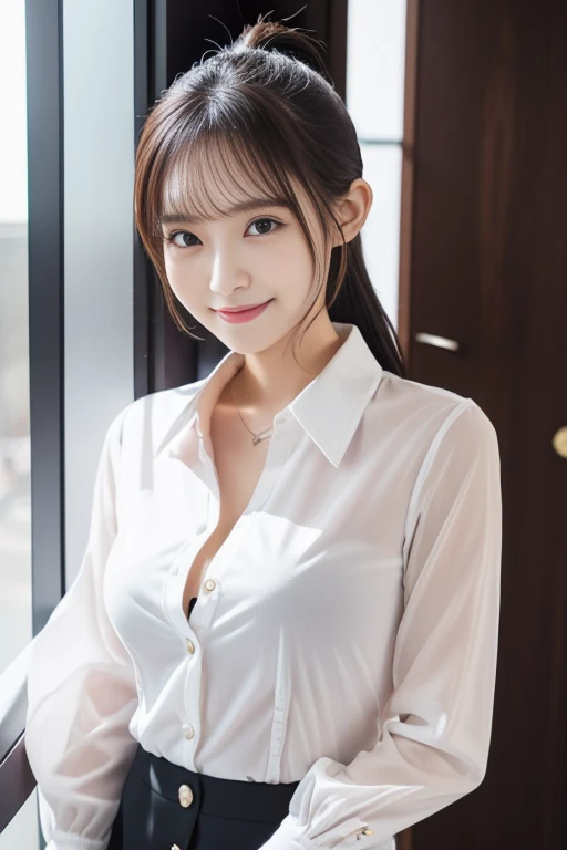 (Body turned to the side、Shooting from the side while facing sideways),Not looking here、(Wearing a white blouse、Wearing a business suit),(The buttons on her blouse are slightly open,A small amount of her chest is visible through the gap between the buttons.、The edge of the bra is visible through the gap between the buttons.:1.4),Mid-chest、slender、ponytail、Black Hair、Beauty、23 years old、cute、smile、Tuck the shirt into the skirt