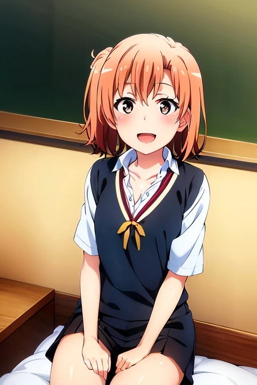 ((highest quality)), ((masterpiece)), (be familiar with), Perfect Face, indoor, Bedroom, Watching the audience,
One woman, Yuigahama Yui,
Open Mouth, Ecstatic expression, blush, smile,
Small breasts, Flat Chest, Young Girl, , , Girl,
Short Hair, Salmon-colored hair, Salmon-colored eyes, Side Pony,
Leg spread,