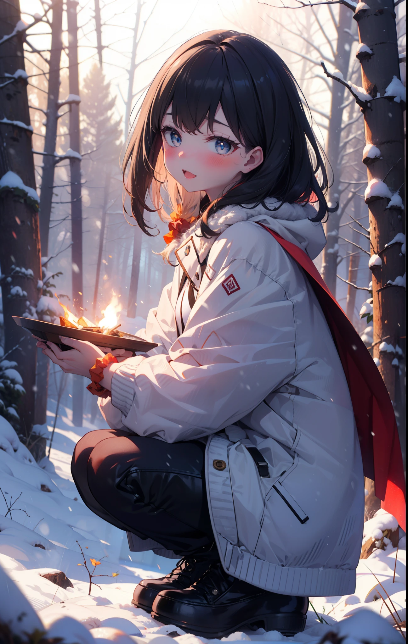 6 flowers, rikka takarada, Black Hair, blue eyes, Long Hair, orange Scrunchie, Scrunchie, wrist Scrunchie,smile,blush,White Breath,
Open your mouth,snow,Ground bonfire, Outdoor, boots, snowing, From the side, wood, suitcase, Cape, Blurred, Increase your meals, forest, White handbag, nature,  Squat, Mouth closed, フードed Cape, winter, Written boundary depth, Black shoes, red Cape break looking at viewer, Upper Body, whole body, break Outdoor, forest, nature, break (masterpiece:1.2), highest quality, High resolution, unity 8k wallpaper, (shape:0.8), (Beautiful and beautiful eyes:1.6), Highly detailed face, Perfect lighting, Highly detailed CG, (Perfect hands, Perfect Anatomy),