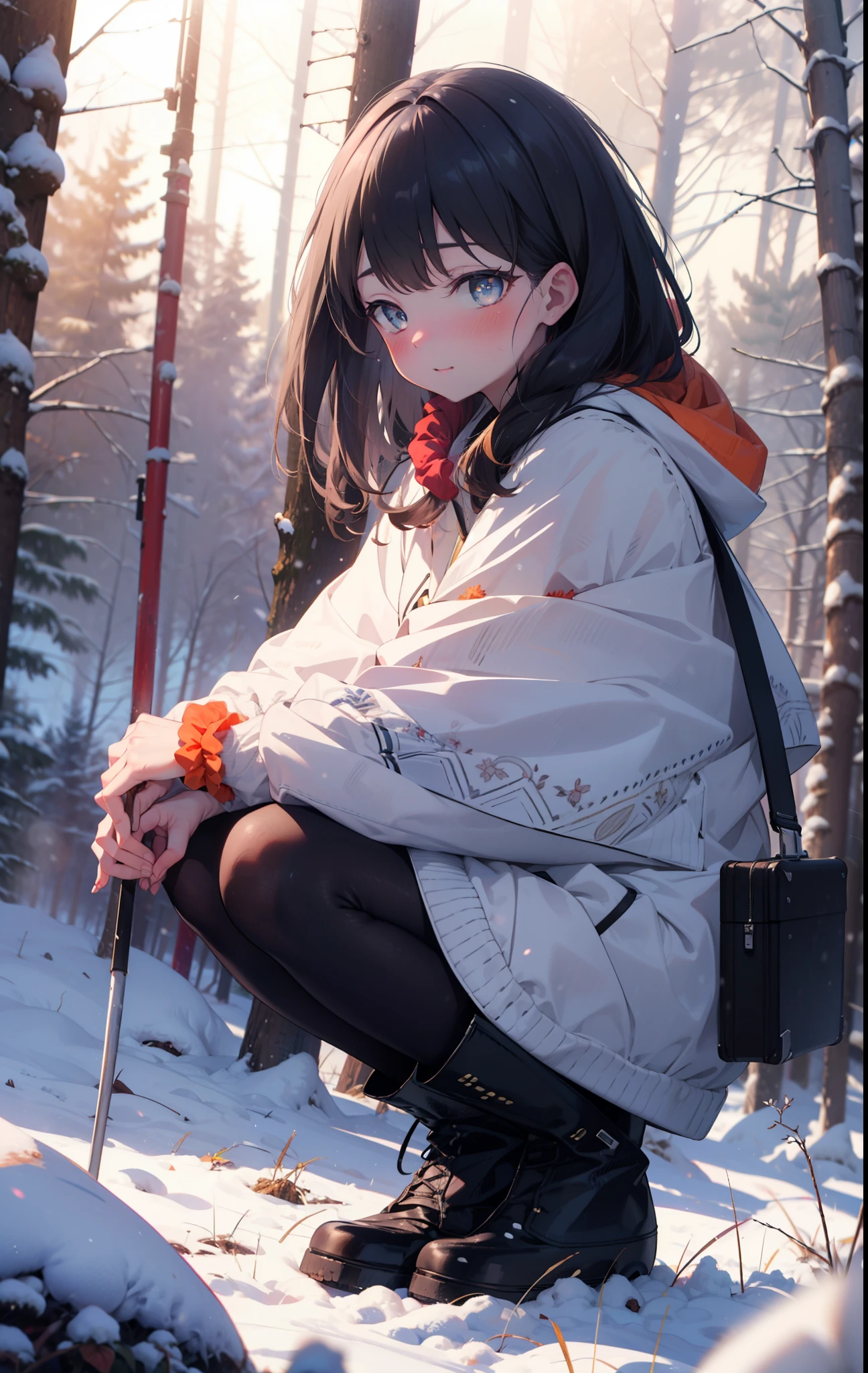 6 flowers, rikka takarada, Black Hair, blue eyes, Long Hair, orange Scrunchie, Scrunchie, wrist Scrunchie,smile,blush,White Breath,
Open your mouth,snow,Ground bonfire, Outdoor, boots, snowing, From the side, wood, suitcase, Cape, Blurred, Increase your meals, forest, White handbag, nature,  Squat, Mouth closed, フードed Cape, winter, Written boundary depth, Black shoes, red Cape break looking at viewer, Upper Body, whole body, break Outdoor, forest, nature, break (masterpiece:1.2), highest quality, High resolution, unity 8k wallpaper, (shape:0.8), (Beautiful and beautiful eyes:1.6), Highly detailed face, Perfect lighting, Highly detailed CG, (Perfect hands, Perfect Anatomy),